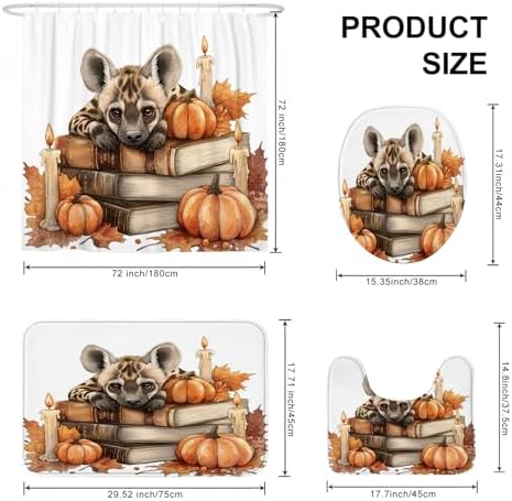 4PCS Fall Striped Hyena Pumpkins Shower Curtain Set with Non-Slip Rug and Toilet Lid Cover Mat