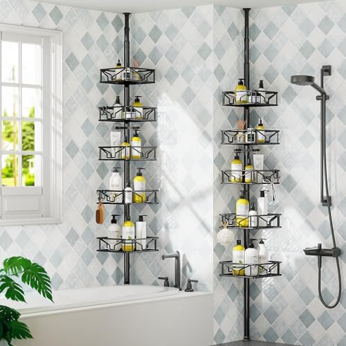 Skycarper 5 Tier Adjustable Corner Shower Caddy Organizer with Hooks Black