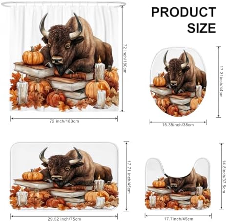 DESIHOM 4PCS Fall Bisons Pumpkins Shower Curtain Set with Hooks and Non-Slip Rug