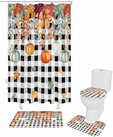 Thanksgiving Pumpkin 4 Pc Shower Curtain Set with Non-Slip Mats