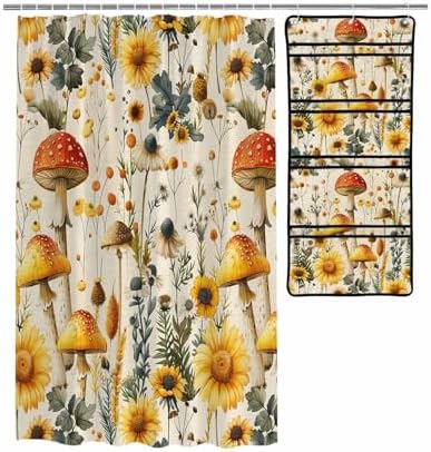 ZFUNCING Shower Curtain Set with Mesh Organizer and Hooks