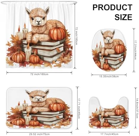 DESIHOM 4PCS Fall Alpaca Llama Shower Curtain Set with Hooks and Non-Slip Mat