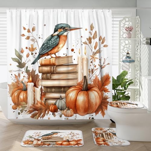 DESIHOM 4PCS Fall Kingfishers Bird Shower Curtain Set with Hooks and Bath Mat