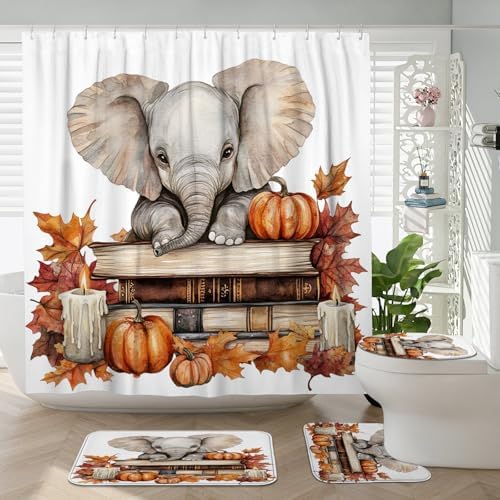 DESIHOM 4PCS Fall Elephants Pumpkins Shower Curtain Set with Non-Slip Rug and Toilet Lid Cover Mat