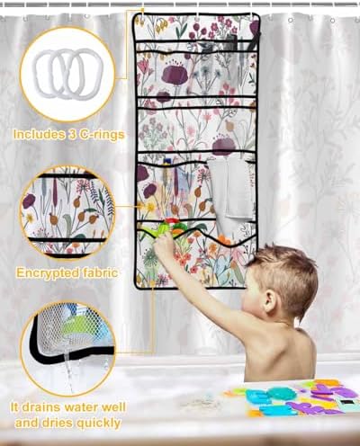 ZFUNCING Shower Curtain with Mesh Organizer and Hooks 1