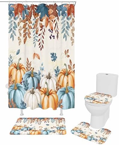 Thanksgiving 4 Piece Shower Curtain Set with Non-Slip Rugs