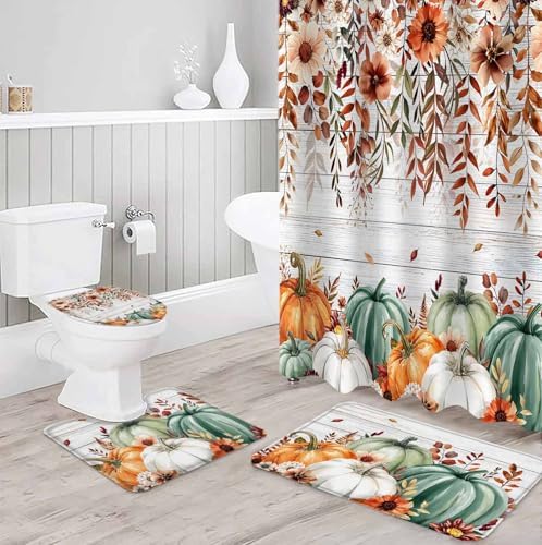Fall Pumpkin 4 Pc Waterproof Shower Curtain Set with Non-Slip Rugs