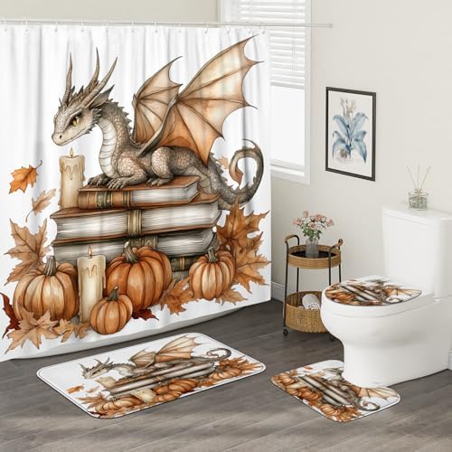 4PCS Fall Dragon Pumpkin Shower Curtain Set with Hooks Non-Slip Rug U Shape Cover and Toilet Lid Mat