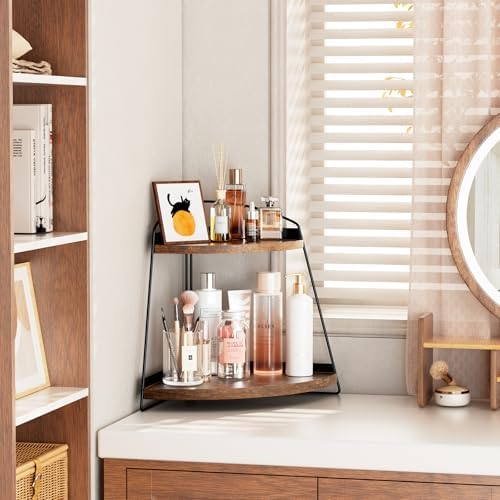 Puricon 2 Tier Corner Countertop Storage Shelf Organizer Brown Wood
