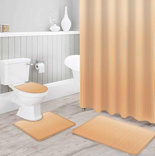 Gradient Orange Stripes 4 Pcs Shower Curtain Set with Non-Slip Mats and Rugs