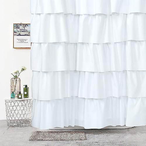 72 x 72in Farmhouse Ruffled Shower Curtain with Vintage Buttons