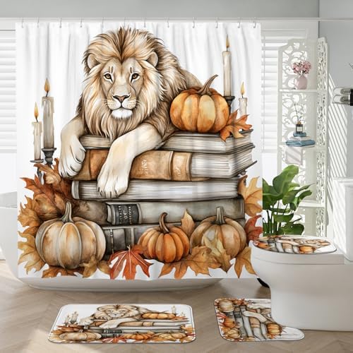 4PCS Fall Lion Pumpkins Shower Curtain Set with Non-Slip Rug and Toilet Mat