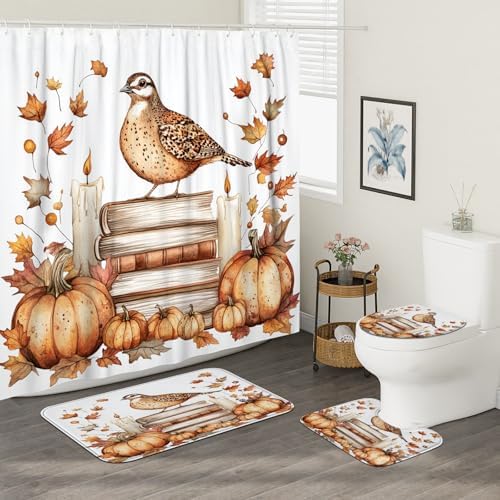 DESIHOM 4PCS Fall Quail Bird Shower Curtain Set with Hooks and Non-Slip Rug