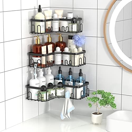 Menbyci 3 Pack Corner Shower Caddy with 18 Hooks and Adhesive