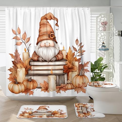 DESIHOM 4PCS Fall Gnome Shower Curtain Set with Hooks and Accessories