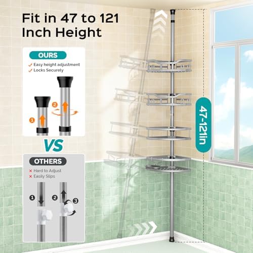 HAMITOR Corner Shower Caddy Tension Pole 4-Tier Adjustable Organizer 1