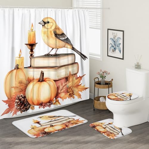 DESIHOM 4PCS Fall Goldfinch Bird Shower Curtain Set with Non-Slip Rug and Hooks