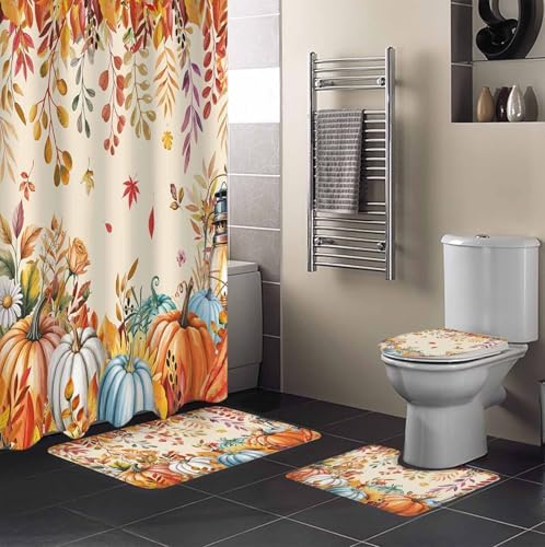 Orange Fall 4 Pc Shower Curtain Set with Non-Slip Rugs