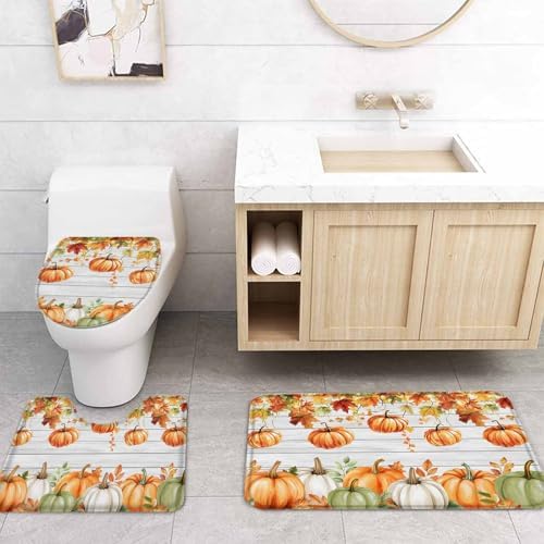 Thanksgiving Pumpkin Shower Curtain Set with 4 Pcs Mats and Rug