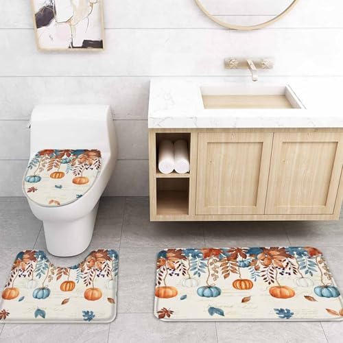 Orange Blue Pumpkin 4 Pc Shower Curtain Set with Non-Slip Rugs