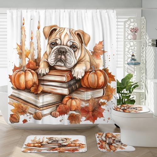 DESIHOM 4PCS Fall Bulldog Dog Shower Curtain Set with Non-Slip Rug and Hooks