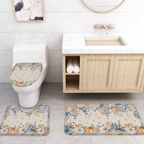 Orange Blue Fall 4 Pcs Shower Curtain Set with Non-Slip Rugs and Mats