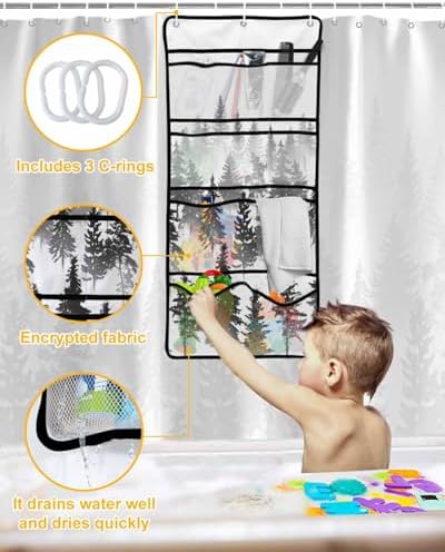 Shower Curtain Set With 10 Pockets And Hooks