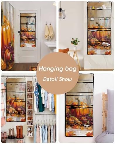 QueenKer Shower Curtain Set with Mesh Organizer Fall Harvest 66x72 Hanging Caddy