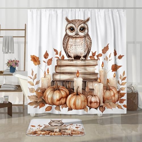 DESIHOM 4PCS Fall Owl Bird Shower Curtain Set with Hooks and Bath Mat