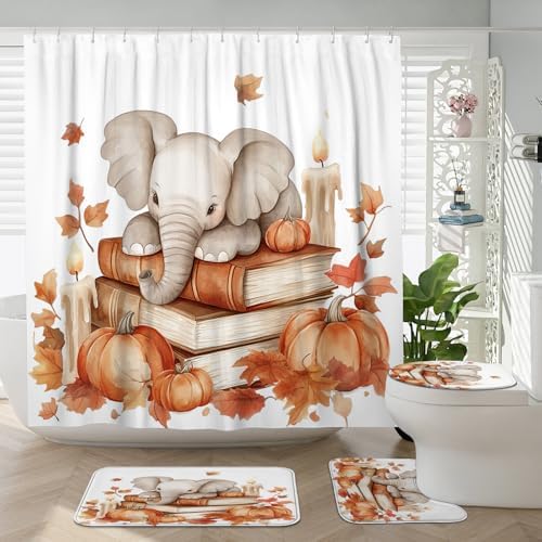 4PCS Fall Elephants Pumpkins Shower Curtain Set with Hooks and Non-Slip Rug