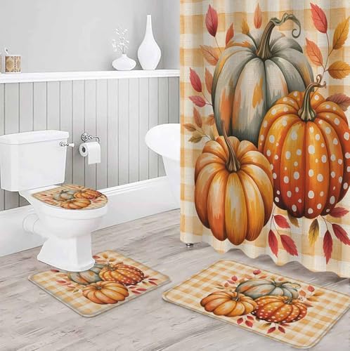 Orange Pumpkin Shower Curtain Set 4 Pcs with Non-Slip Rugs