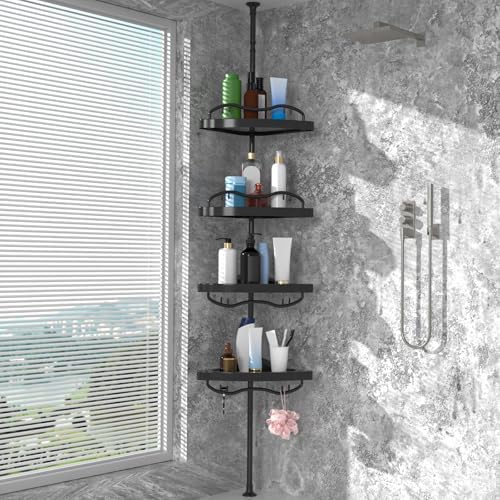 Black Corner Shower Caddy Tension Pole - Heavy Duty Rustproof Stainless Steel Organizer with 4 Adjustable Shelves