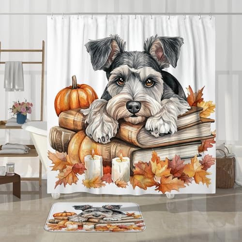 DESIHOM 4PCS Fall Schnauzer Dog Shower Curtain Set