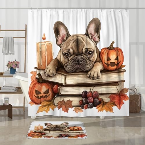 DESIHOM 4PCS Fall French Bulldog Shower Curtain Set with Non-Slip Rug and Hooks