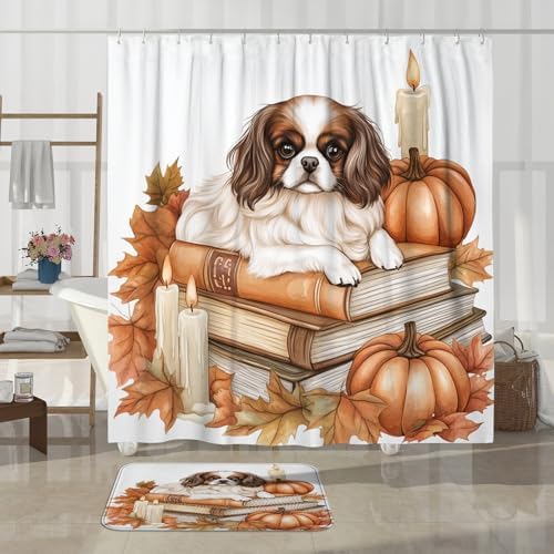 DESIHOM 4PCS Fall Japanese Chin Dog Shower Curtain Set 72x72 with Hooks and Bath Mat