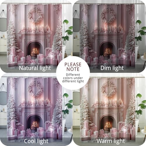 DESIHOM Christmas Tree Fireplace Pink Shower Curtain Set 72 Inch