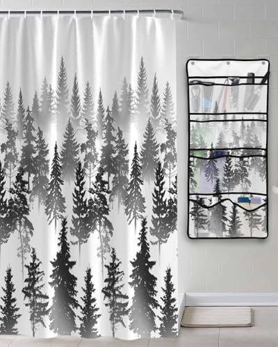 Shower Curtain Set With 10 Pockets And Hooks