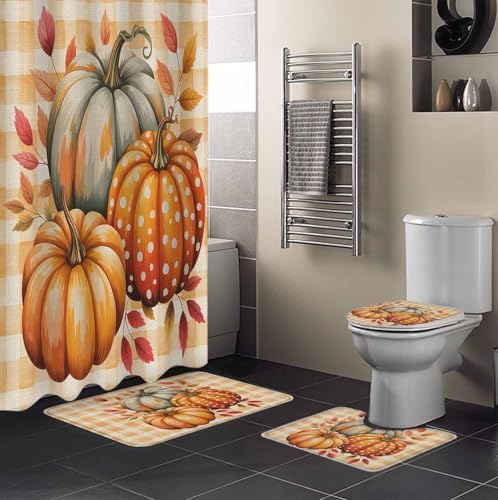 Orange Pumpkin Shower Curtain Set 4 Pcs with Non-Slip Rugs