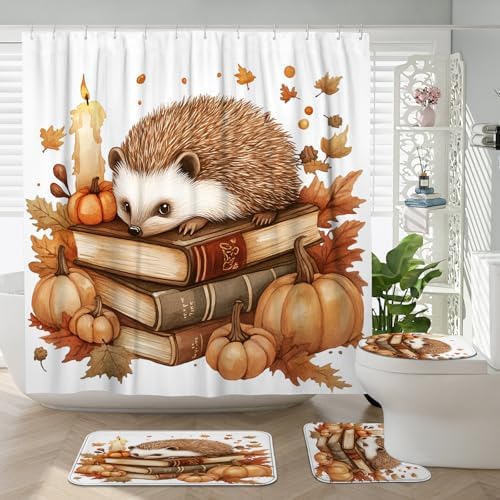 DESIHOM 4PCS Fall Hedgehog Shower Curtain Set with Hooks Bath Mat U Shape and Toilet Lid Cover Mat
