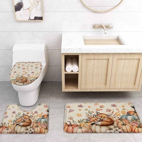 Thanksgiving Watercolor Pumpkin Shower Curtain Set 4PCS Waterproof
