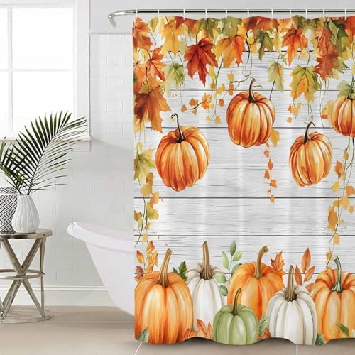 Thanksgiving Pumpkin Shower Curtain Set with 4 Pcs Mats and Rug