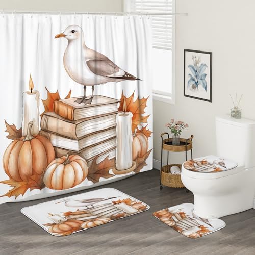 DESIHOM 4PCS Fall Seagull Bird Shower Curtain Set with Hooks and Non-Slip Rug