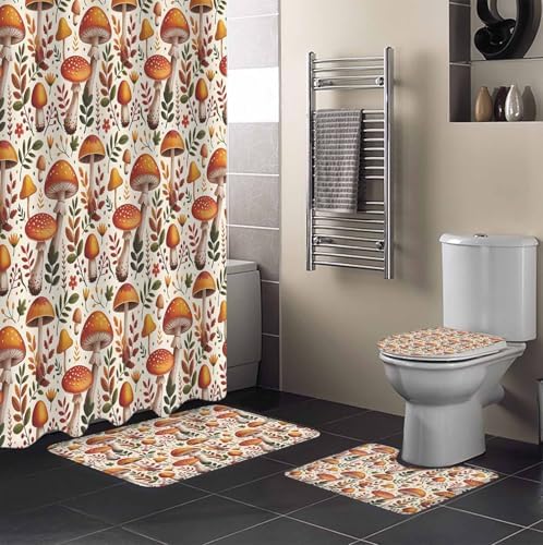 Thanksgiving 4 Pcs Waterproof Shower Curtain Set with Non-Slip Mats and Rugs