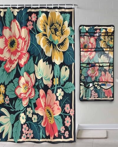ZFUNCING Garden Watercolor Floral Shower Curtain with Hooks Organizer Set