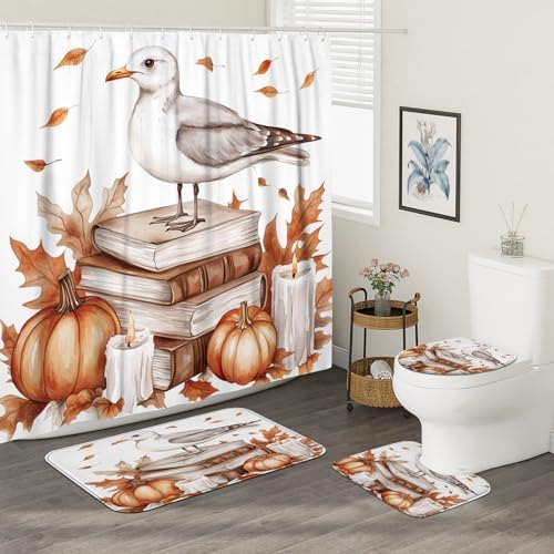 DESIHOM 4PCS Fall Seagull Bird Shower Curtain Set with Non-Slip Rug and Toilet Lid Cover Mat