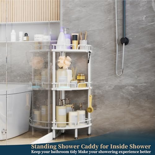 Consumest Corner Shower Caddy Stand - 3 Tier Organizer with Soap Holder and 4 Hooks
