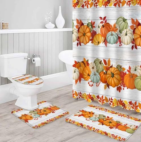 Thanksgiving Pumpkin 4 Piece Shower Curtain Set with Non-Slip Rugs