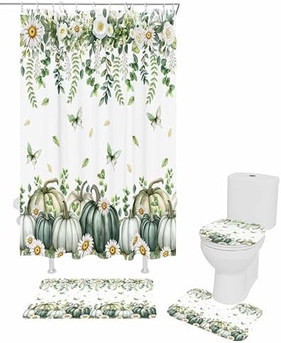 Green Pumpkin 4 Pcs Shower Curtain Set with Rugs