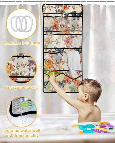 Colorful Floral Leaf Shower Curtain Set with 10 Pockets