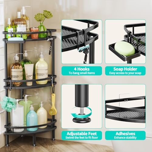 HapiRm Corner Shower Caddy with 3 Tiers and 4 Hooks